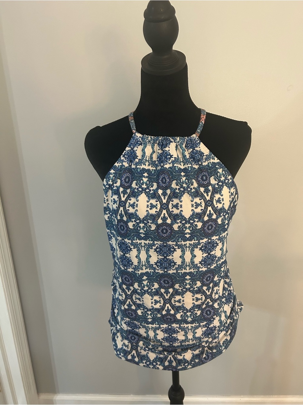 Blue and White Halter Print Tank Top